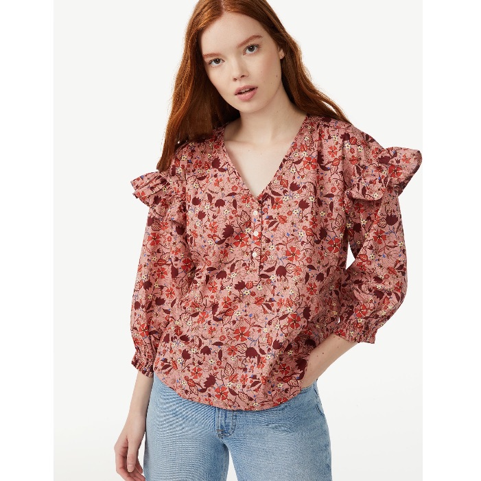 Free Assembly Ruffle Sleeve Top In Classic Rose Fall Floral Cotton Blouse